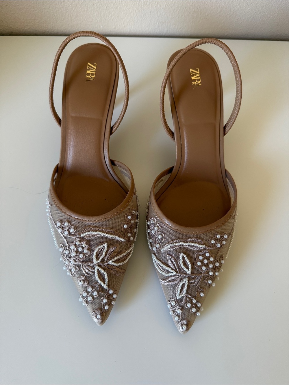 Zara Tan Mesh Embroidered Kitten Slingback Heels 37 (6.5)